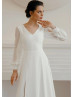 Long Sleeves Ivory Chiffon Slit Beach Wedding Dress